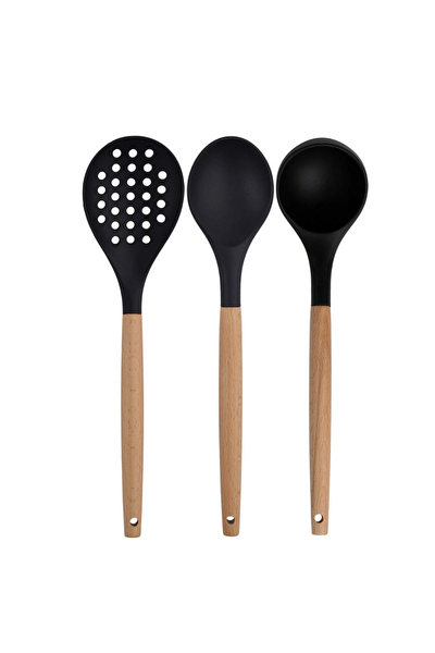 Kitchen Design Lab Siyah Bambu Silikon Servis Seti 6 Adet Kepçe Kaşık Kevgir Makarna Aparatı Açılı Spatula Makas