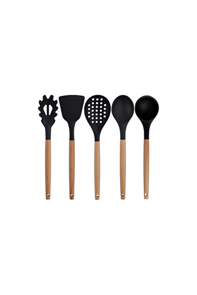 Kitchen Design Lab Siyah Bambu Silikon Servis Seti Kepçe Kaşık Kevgir Makarna 2 Spatula Silikon Metal Maşa Makas Çırpıcı