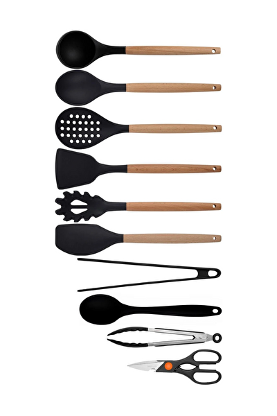 Kitchen Design Lab Siyah Bambu Silikon Kepçe Kaşık Kevgir Makarna 2 Spatula 2 Maşa Silikon Kaşık Makas Set