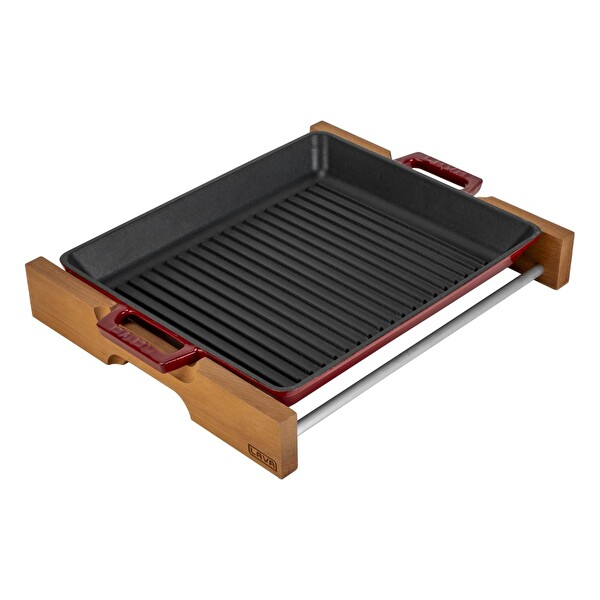 Lava Dikdörtgen Izgara Tavası Kayın Servis Ahşabı Döküm Yekpare Çift Kulplu 26x32 CM Bordo - LV ECO GT 2632 T3 K4 BR