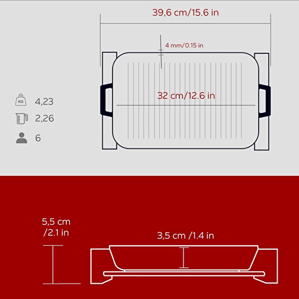 Lava Dikdörtgen Izgara Tavası Kayın Servis Ahşabı Döküm Yekpare Çift Kulplu 26x32 CM Bordo - LV ECO GT 2632 T3 K4 BR