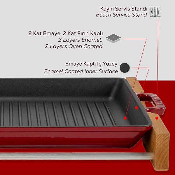 Lava Dikdörtgen Izgara Tavası Kayın Servis Ahşabı Döküm Yekpare Çift Kulplu 26x32 CM Bordo - LV ECO GT 2632 T3 K4 BR