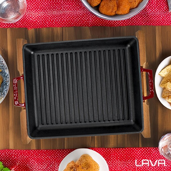 Lava Dikdörtgen Izgara Tavası Kayın Servis Ahşabı Döküm Yekpare Çift Kulplu 26x32 CM Bordo - LV ECO GT 2632 T3 K4 BR
