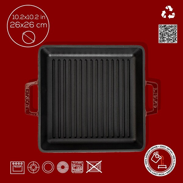 Lava Döküm Kare Izgara Tavası Döküm Demir Yekpare Çift Kulplu Ölçü 26x26 CM Bordo - LV ECO GT 2626 T2 BR