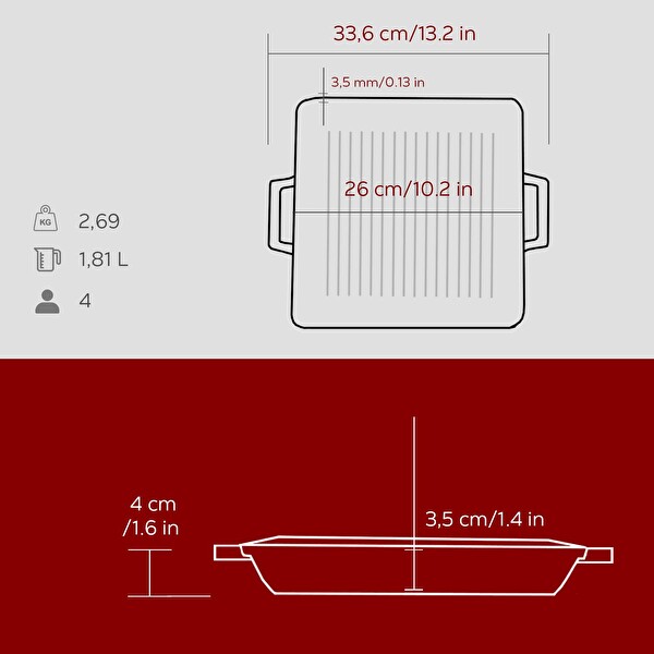 Lava Döküm Kare Izgara Tavası Döküm Demir Yekpare Çift Kulplu Ölçü 26x26 CM Bordo - LV ECO GT 2626 T2 BR