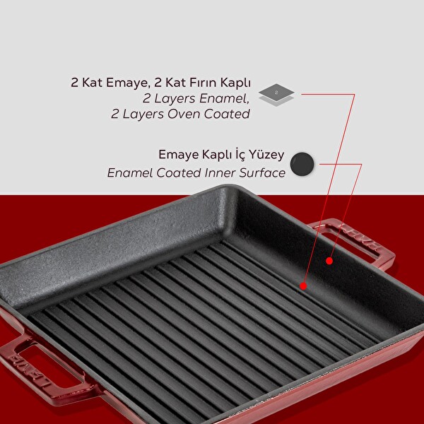 Lava Döküm Kare Izgara Tavası Döküm Demir Yekpare Çift Kulplu Ölçü 26x26 CM Bordo - LV ECO GT 2626 T2 BR