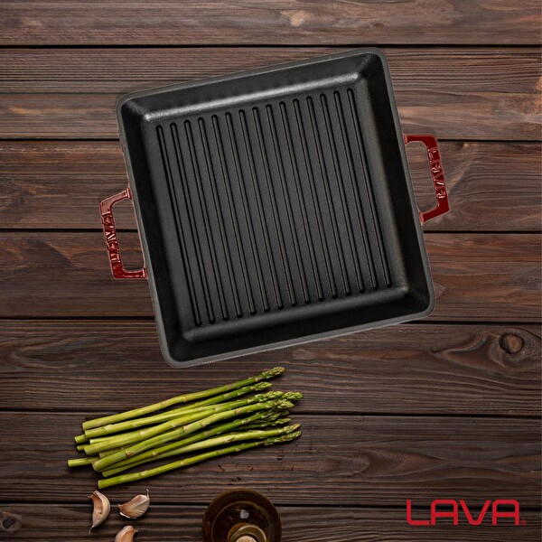 Lava Döküm Kare Izgara Tavası Döküm Demir Yekpare Çift Kulplu Ölçü 26x26 CM Bordo - LV ECO GT 2626 T2 BR