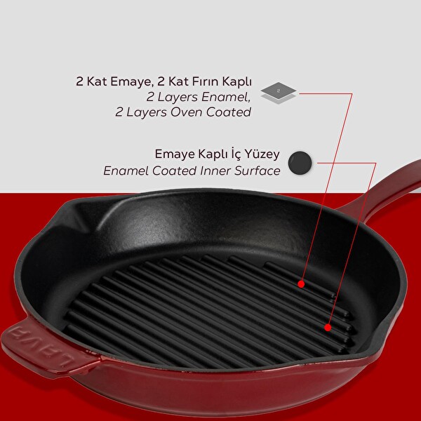 Lava Döküm Yuvarlak Izgara Tava Döküm Demir Yekpare Saplı Çap 28 CM Bordo - LV ECO Y GT 28 BR