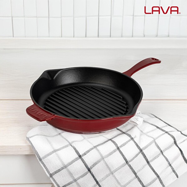 Lava Döküm Yuvarlak Izgara Tava Döküm Demir Yekpare Saplı Çap 28 CM Bordo - LV ECO Y GT 28 BR