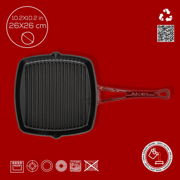 Lava Döküm Kare Izgara Tava Döküm Demir Yekpare Saplı. Ölçü 26x26 CM Bordo - LV ECO K GT 2626 K0 BR