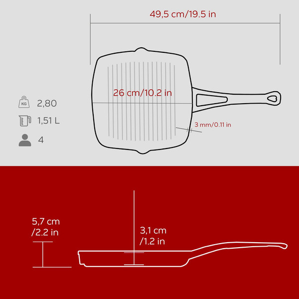 Lava Döküm Kare Izgara Tava Döküm Demir Yekpare Saplı. Ölçü 26x26 CM Bordo - LV ECO K GT 2626 K0 BR