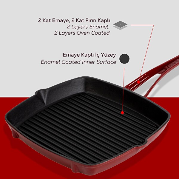 Lava Döküm Kare Izgara Tava Döküm Demir Yekpare Saplı. Ölçü 26x26 CM Bordo - LV ECO K GT 2626 K0 BR