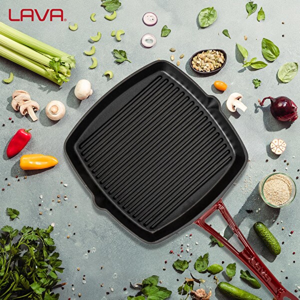 Lava Döküm Kare Izgara Tava Döküm Demir Yekpare Saplı. Ölçü 26x26 CM Bordo - LV ECO K GT 2626 K0 BR