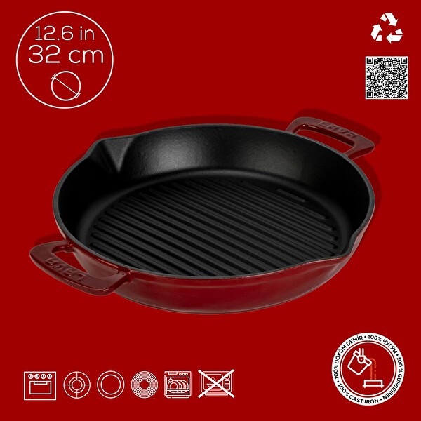 Lava Döküm Yuvarlak Izgara Tavası Döküm Demir Yekpare Çift Kulplu Çap 32 CM - Bordo