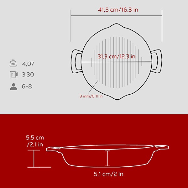 Lava Döküm Yuvarlak Izgara Tavası Döküm Demir Yekpare Çift Kulplu Çap 32 CM - Bordo