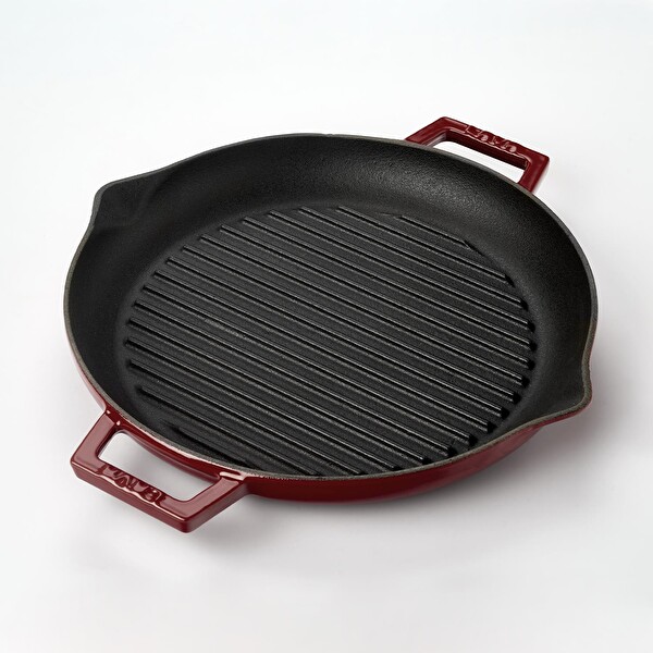 Lava Döküm Yuvarlak Izgara Tavası Döküm Demir Yekpare Çift Kulplu Çap 26 CM - Bordo