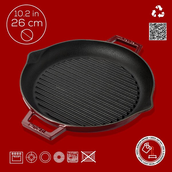 Lava Döküm Yuvarlak Izgara Tavası Döküm Demir Yekpare Çift Kulplu Çap 26 CM - Bordo