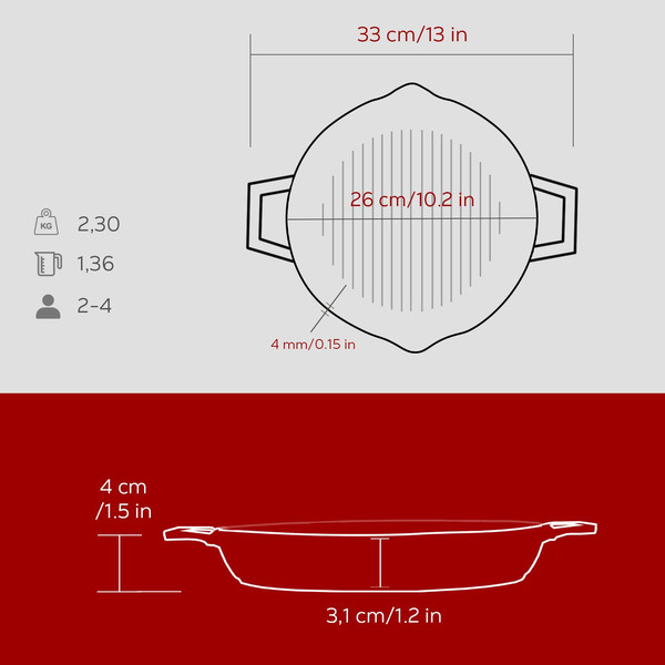 Lava Döküm Yuvarlak Izgara Tavası Döküm Demir Yekpare Çift Kulplu Çap 26 CM - Bordo