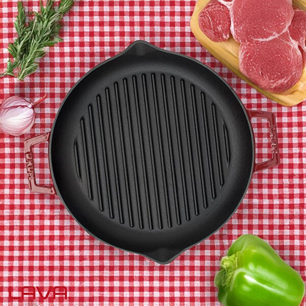Lava Döküm Yuvarlak Izgara Tavası Döküm Demir Yekpare Çift Kulplu Çap 26 CM - Bordo