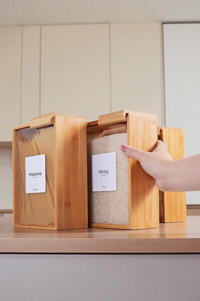 DigitHome MG-002 Bambu 3'lü Saklama Kutusu Etiketli Dikdörtgen Bakliyat Saklama Kabı Gıda Organizeri