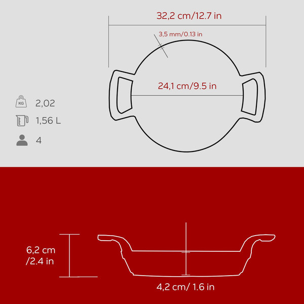 Lava Döküm Yuvarlak Sahan Döküm Demir Yekpare Çift Kulplu Çap 24 CM - Bordo