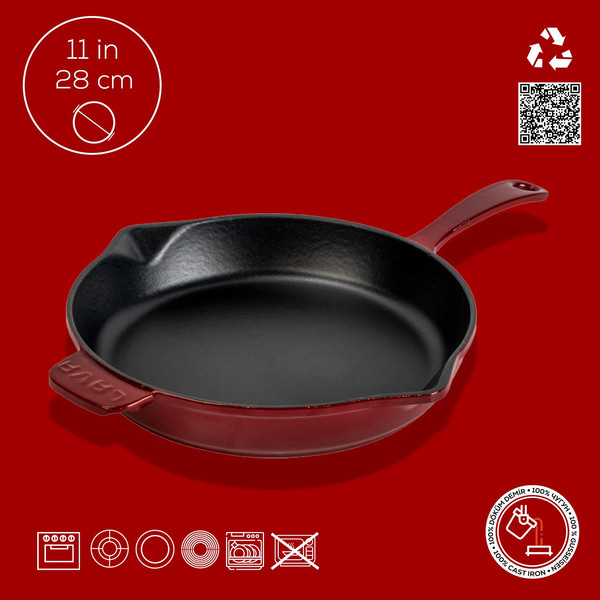 Lava Döküm Yuvarlak Kızartma Tavası Döküm Demir Yekpare Saplı Çap 28 CM - Bordo