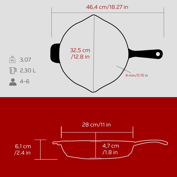 Lava Döküm Yuvarlak Kızartma Tavası Döküm Demir Yekpare Saplı Çap 28 CM - Bordo