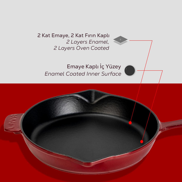 Lava Döküm Yuvarlak Kızartma Tavası Döküm Demir Yekpare Saplı Çap 28 CM - Bordo