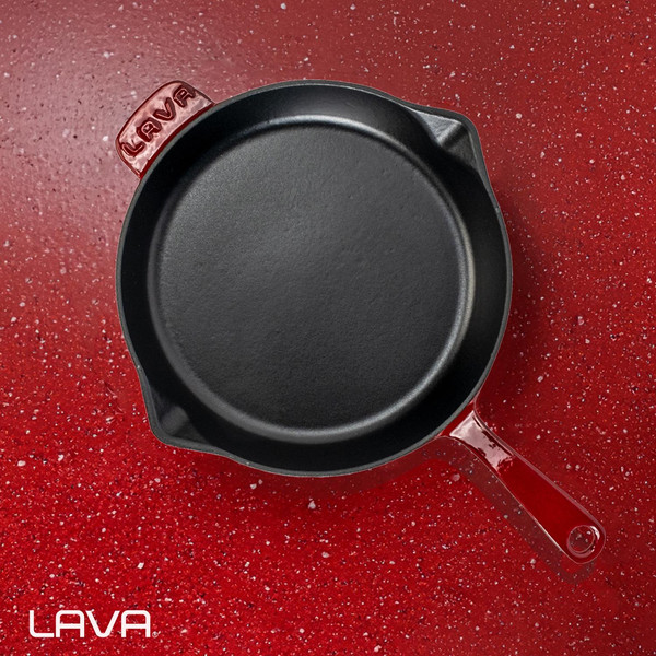 Lava Döküm Yuvarlak Kızartma Tavası Döküm Demir Yekpare Saplı Çap 28 CM - Bordo