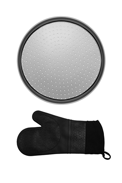 Kitchen Design Lab Orta Boy 32 CM Delikli Pizza Tepsisi Ve Siyah Silikon Yanmaz Fırın Eldiveni