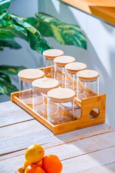 Acar LND-07588 Malibu Bambu Standlı 7'li Boroslikat Cam Baharatlık Seti