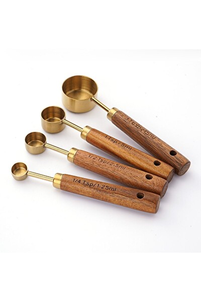 Kitchen Design Lab Bambu Saplı Paslanmaz Çelik Gold Renk 4 Boy Ölçü Kaşığı Seti