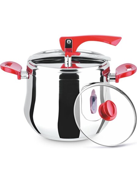 Lines Special Cam Kapaklı Düdüklü Tencere 8 L Kırmızı