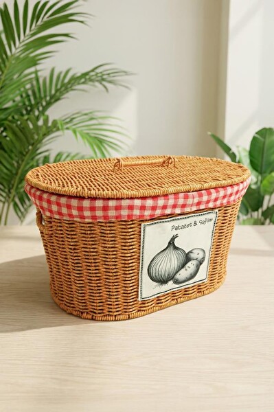 DigitHome Oval Rattan Hasır Sebzelik Çift Bölmeli Sepet Düzenleyici Organizer - 9T03