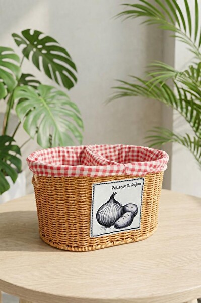 DigitHome Oval Rattan Hasır Sebzelik Çift Bölmeli Sepet Düzenleyici Organizer - 9T03