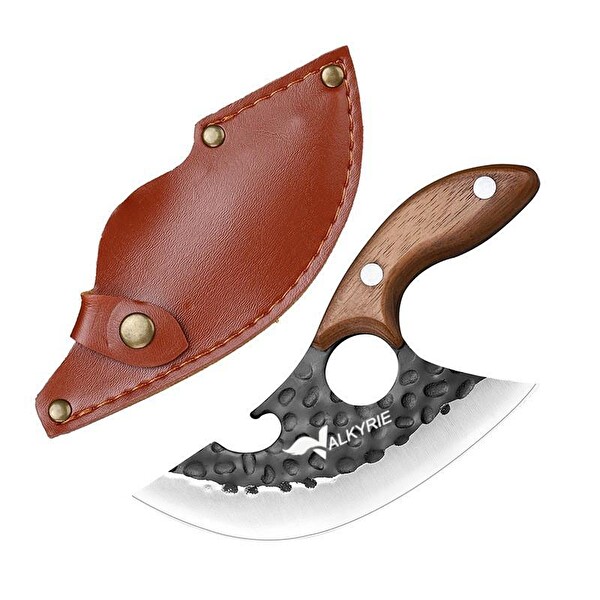Valkyrie Outdoor Et Sebze Doğrama Satırı Kılıflı Bıçak Ahşap Saplı Çok Amaçlı Kahve