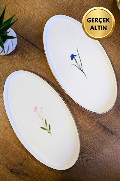 Tabak Evi Porselen Natura Karma 32.50x17x2.50CM Altın Yaldızlı Kayık Servis Tabagı - 2 Parça