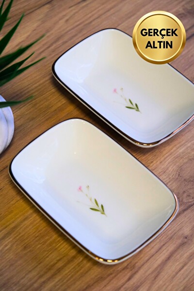 Tabak Evi Porselen Natura Çuha Altın Yaldızlı Dikdörtgen Kayık Tabak 14X9.8 CM 2'li