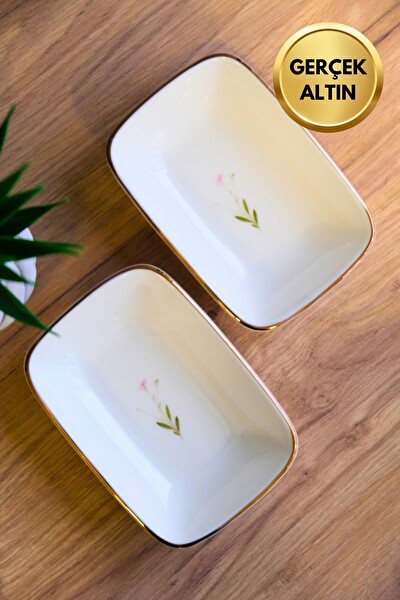 Tabak Evi Porselen Natura Çuha Altın Yaldızlı Dikdörtgen Kayık Tabak 14X9.8 CM 2'li