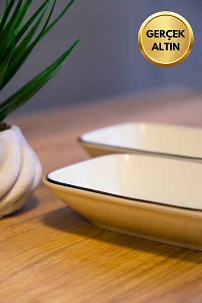 Tabak Evi Porselen Natura Çuha Altın Yaldızlı Dikdörtgen Kayık Tabak 14X9.8 CM 2'li