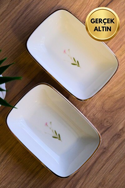 Tabak Evi Porselen Natura Çuha Altın Yaldızlı Dikdörtgen Kayık Tabak 12x8.50 CM 2'li