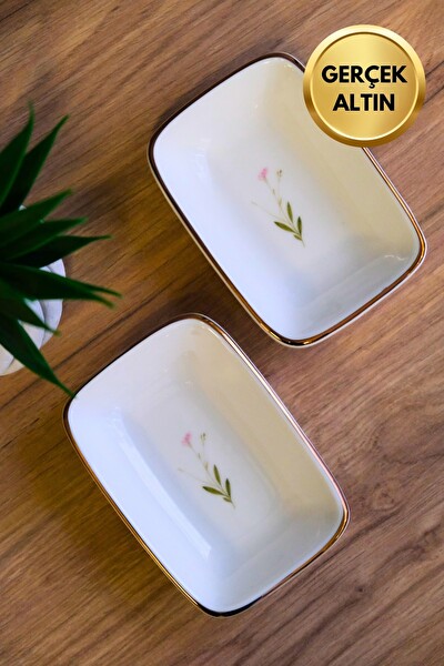 Tabak Evi Porselen Natura Çuha Altın Yaldızlı Dikdörtgen Kayık Tabak 12x8.50 CM 2'li