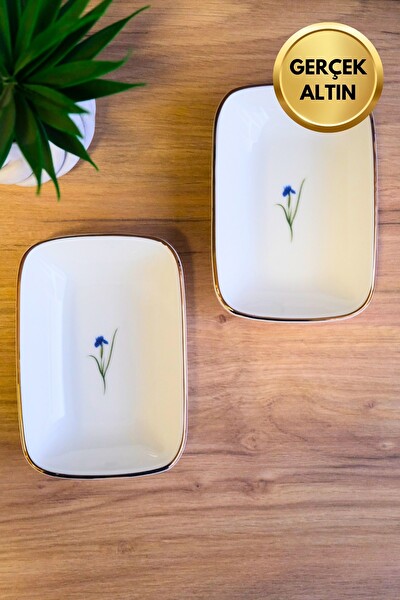 Tabak Evi Porselen Natura İris Altın Yaldızlı Dikdörtgen Kayık Tabak 12x8.50 CM 2'li