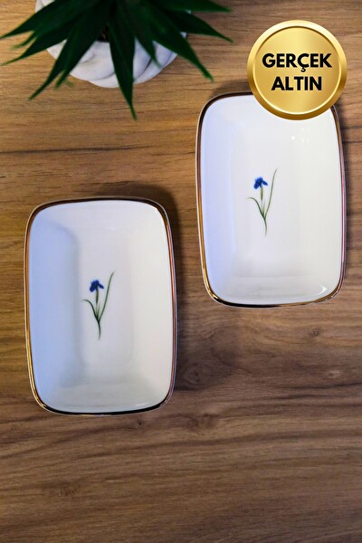 Tabak Evi Porselen Natura İris Altın Yaldızlı Dikdörtgen Kayık Tabak 14X9.8 CM 2'li