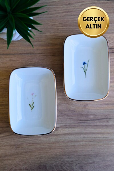 Tabak Evi Porselen Natura Karma Altın Yaldızlı Dikdörtgen Kayık Tabak 14X9.8 CM 2 Parça