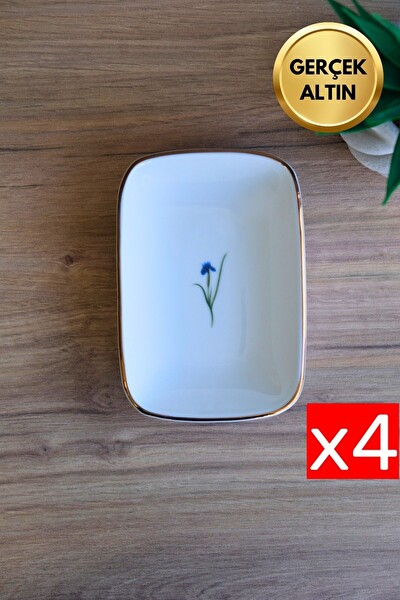 Tabak Evi Porselen Natura İris Altın Yaldızlı Dikdörtgen Kayık Tabak 14X9.8 CM 4'lü
