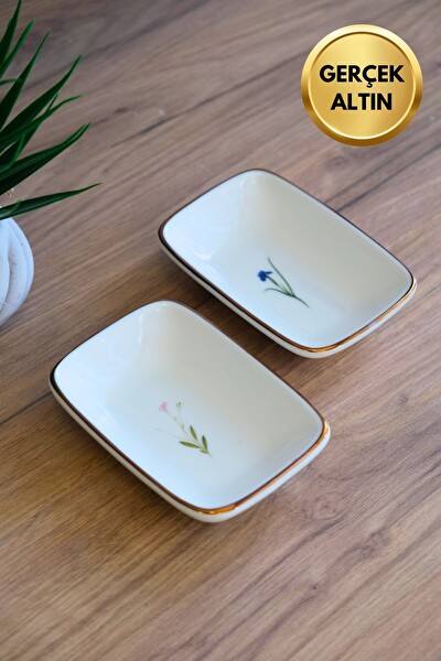 Tabak Evi Porselen Natura Karma Altın Yaldızlı Dikdörtgen Kayık Tabak 12x8.50 CM 2 Parça