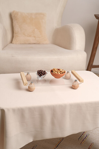 Pikas Ahşap Top Ayaklı Pleksi Şeffaf Dekoratif Tepsi Düzenleyici Sunumluk 005166