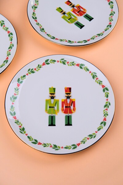 Tabak Evi Porselen Altın Yaldızlı Kurşun Asker Pasta Tabağı 20.50 CM 4'lü