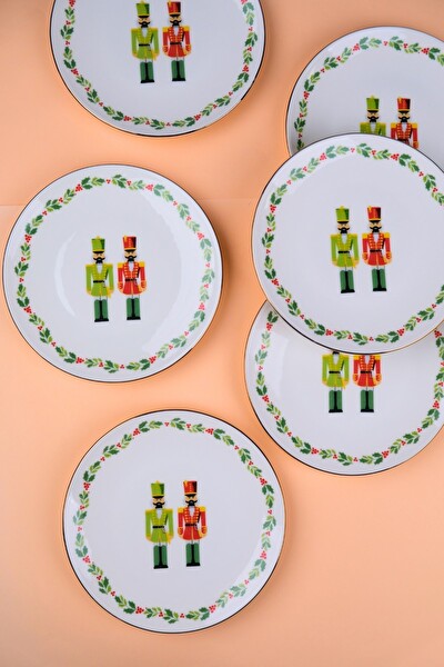 Tabak Evi Porselen Altın Yaldızlı Kurşun Asker Pasta Tabağı 20.50 CM 6'lı